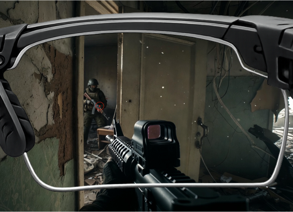 First-person view through the RedEye glasses showing the projected aiming reticle