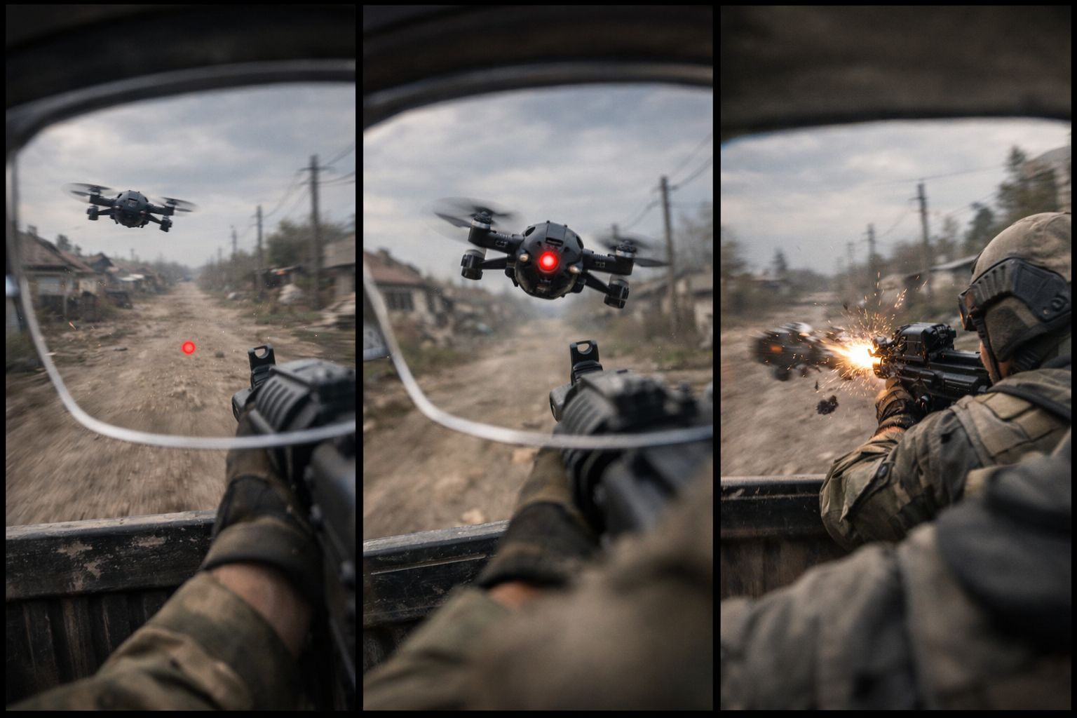 Three-frame through-the-lens sequence: threat detected, reticle locks on, threat engaged