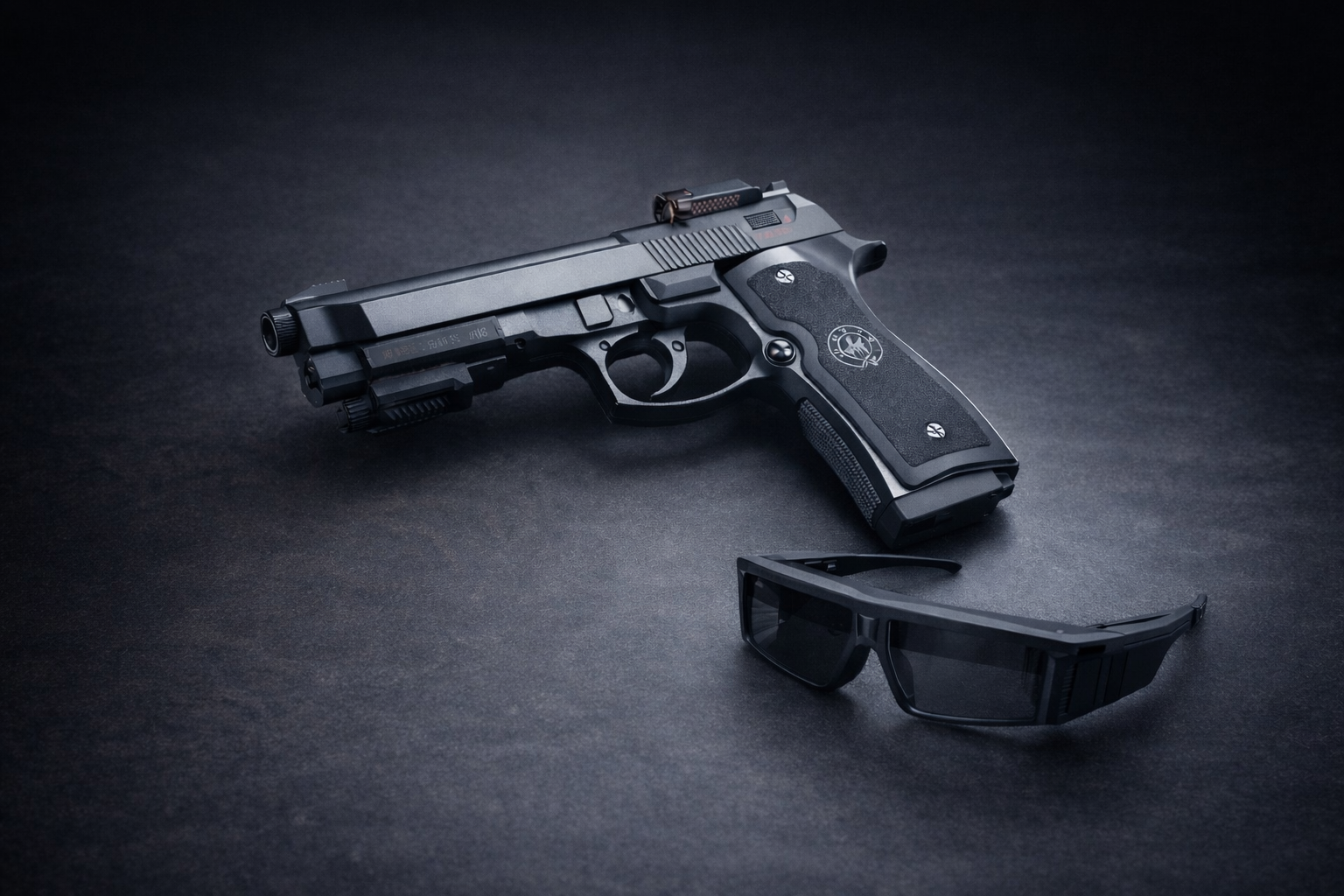 Future Optek RedEye — pistol with rail-mounted sensor module alongside RedEye AR glasses