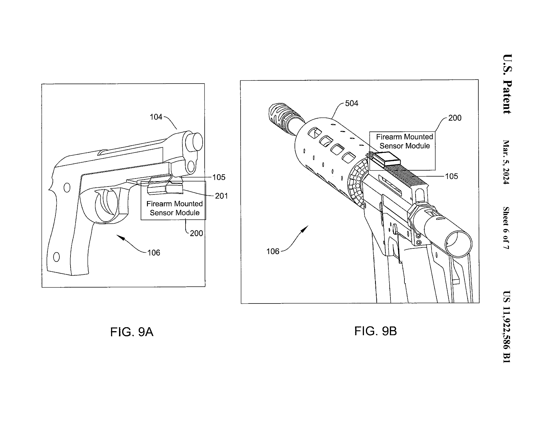 Figs. 9A/9B — Firearm-mounted sensor module