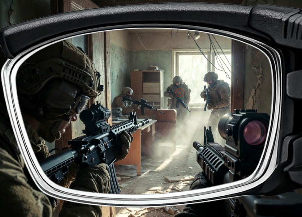 Reticle overlay shown in a room-clearing view through the glasses